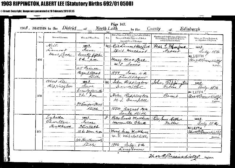 Rippington (Albert Lee) 1903 Birth Record